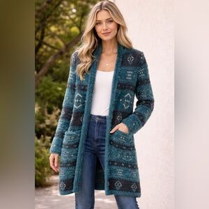 SHYANNE Plush Teal Black Aztec Tribal Boho Duster Cardigan Pockets